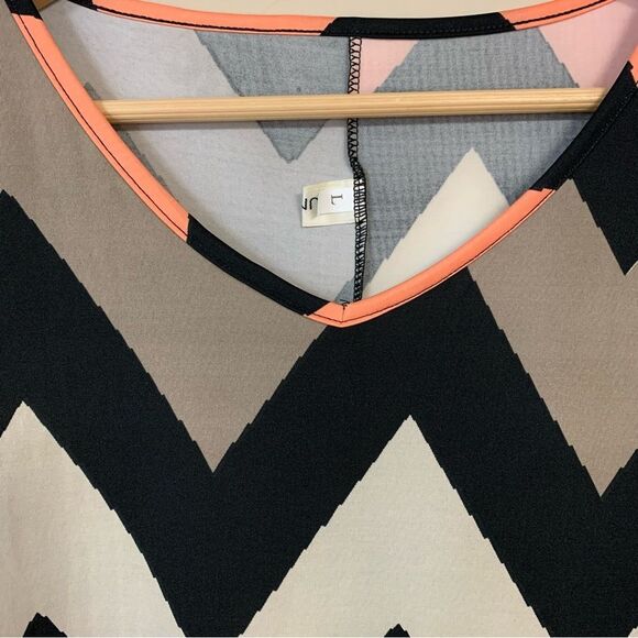 Chevron Tunic Dress Zig Zag Women’s Large Black Peach Long Shirt Top Fall Retro - Picture 6 of 10